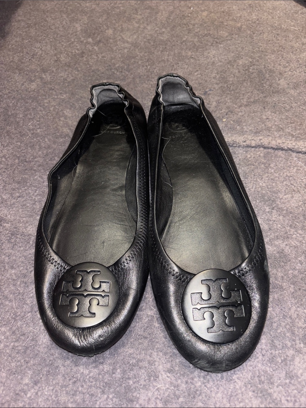 Tory Burch Black Leather Logo Ballet Flats